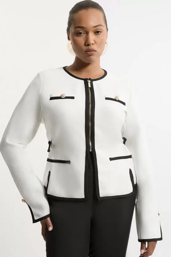 Clearance Karen Millen Plus Size Figure Form Bandage Military Contrast Piping Knit Jacket mono
