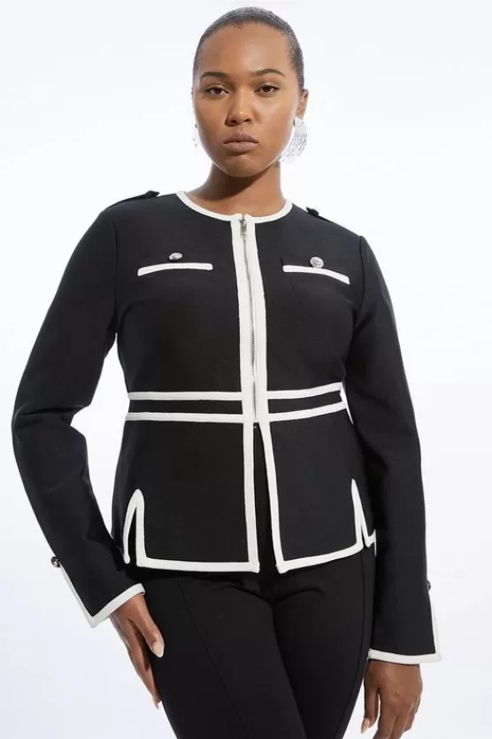 Discount Karen Millen Plus Size Figure Form Bandage Military Contrast Piping Knit Split Hem Jacket mono