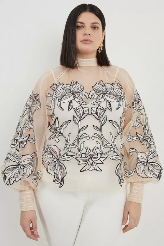 Discount Karen Millen Plus Size Floral Embroidery Organdie Woven Blouse ivory