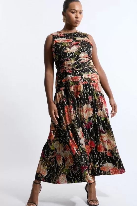 Hot Karen Millen Plus Size Floral Printed Viscose Metallic Thread Beaded Woven Maxi Dress black