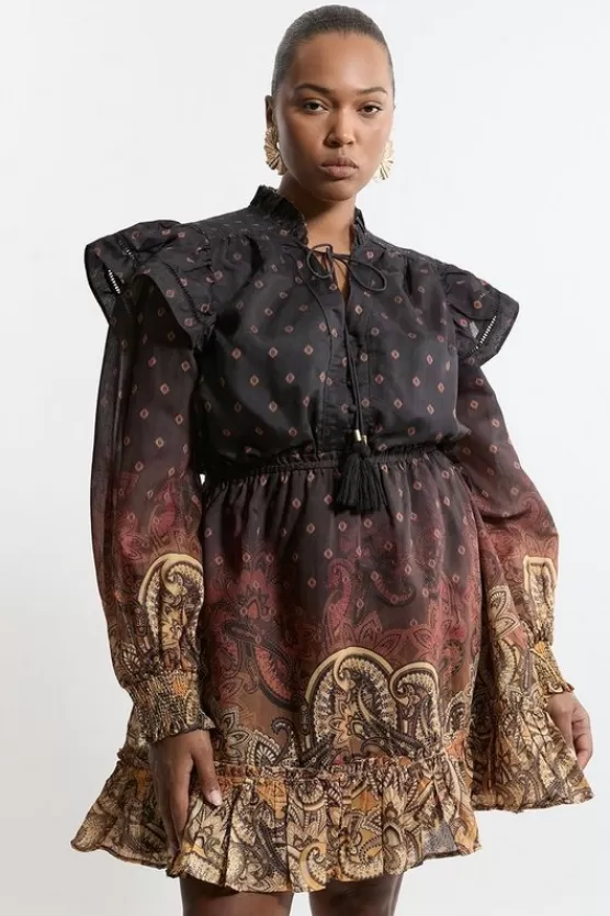 Flash Sale Karen Millen Plus Size Frill Detail Sleeve Paisley Print Cotton Woven Maxi Dress desertyellow