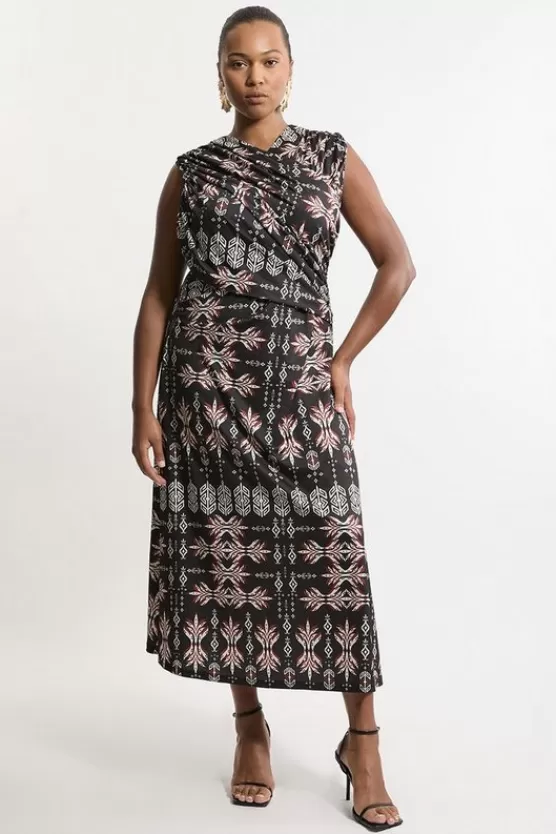 New Karen Millen Plus Size Printed Jersey Crepe Cross Front Maxi Dress geo