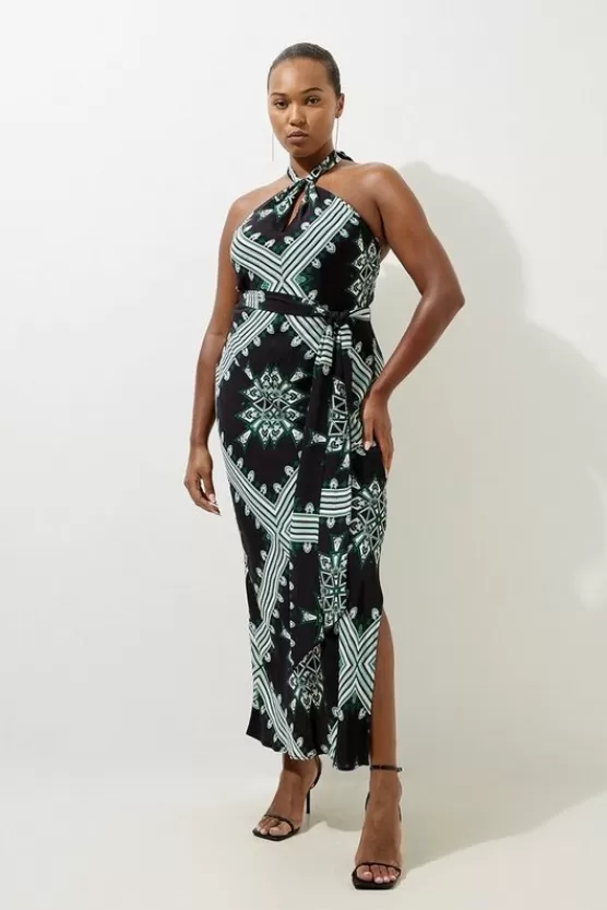 Sale Karen Millen Plus Size Geo Printed Morocain Woven Maxi Dress black