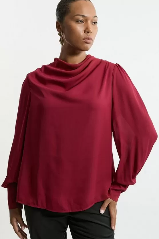 Discount Karen Millen Plus Size Georgette Woven Long Sleeved Blouse wine
