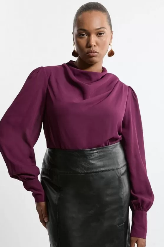 Fashion Karen Millen Plus Size Georgette Woven Ruched Shoulder Long Sleeved Blouse purple