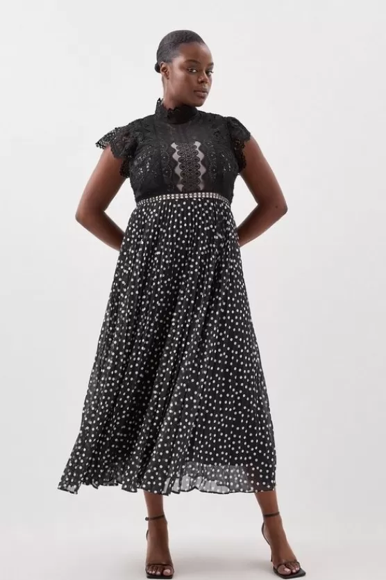 Flash Sale Karen Millen Plus Size Guipure Lace Dot Pleated Skirt Midi Dress mono