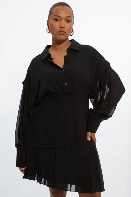 Fashion Karen Millen Plus Size Jersey And Georgette Mix Pleated Mini Shirt Dress black