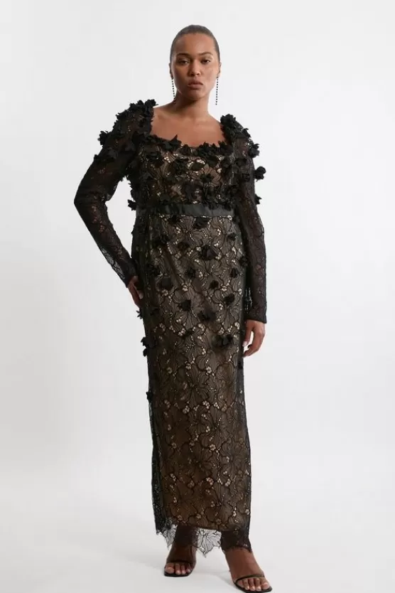 Cheap Karen Millen Plus Size Lace Petal Applique Woven Midi Dress black_nude