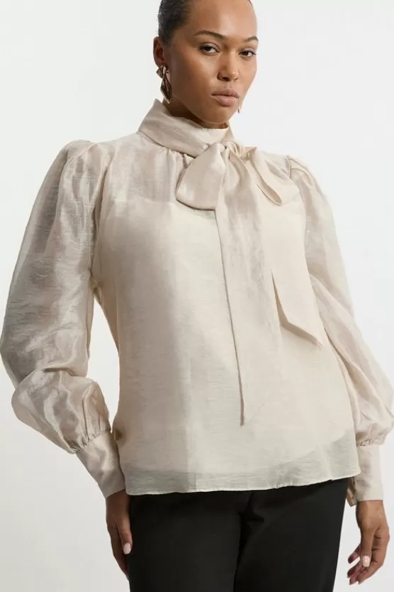 Fashion Karen Millen Plus Size Linen Blend Organdie Woven Pussybow Blouse ivory