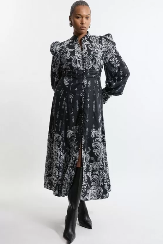 Cheap Karen Millen Plus Size Mono Floral Woven Button Up Maxi Dress black