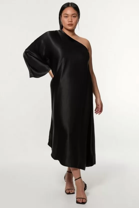 Cheap Karen Millen Plus Size One Shoulder Draped Satin Woven Midaxi Dress black