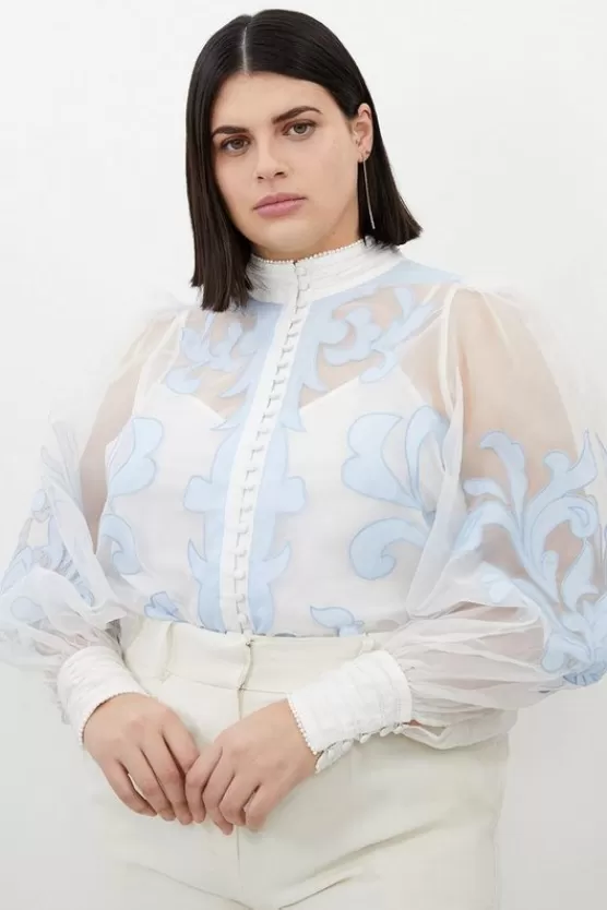 Flash Sale Karen Millen Plus Size Organdie Applique Buttoned Woven Blouse babyblue