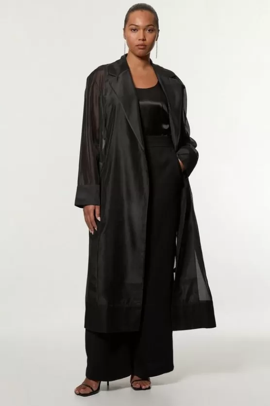 Cheap Karen Millen Plus Size Organza And Satin Mix Tailored Sheer Trench Coat black