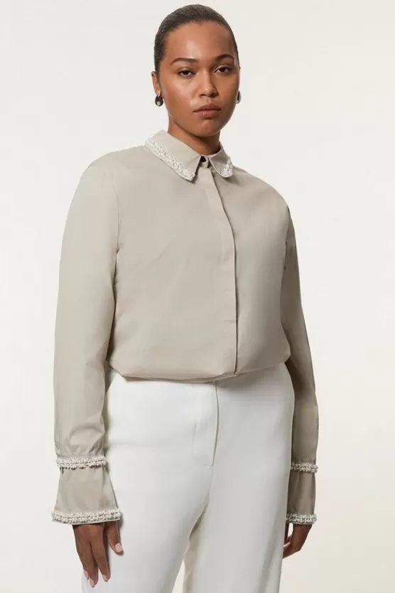 Outlet Karen Millen Plus Size Pearl Trim Cotton Woven Shirt stone