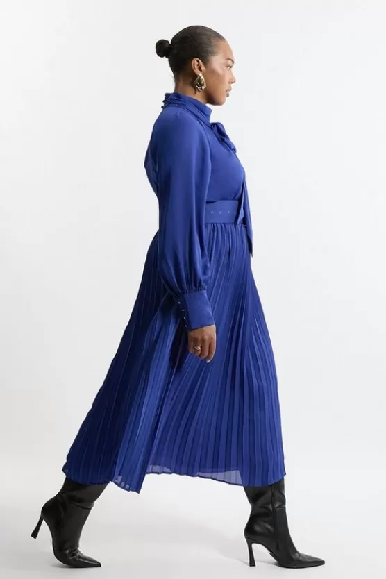 Clearance Karen Millen Plus Size Pleated Woven Belted Tie Neck Maxi Shirt Dress trueblue