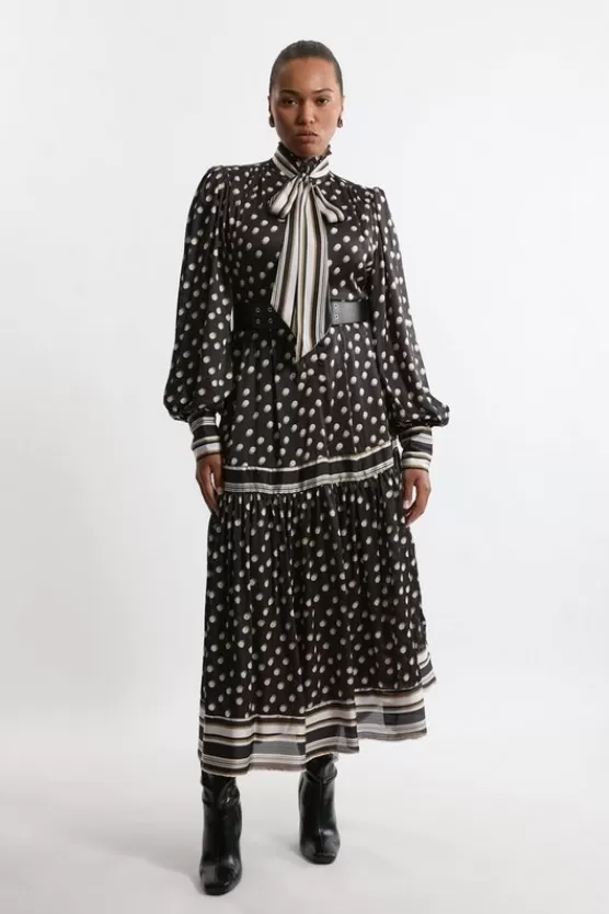 Outlet Karen Millen Plus Size Polka Dot Woven Balloon Sleeve Belted Maxi Dress mono