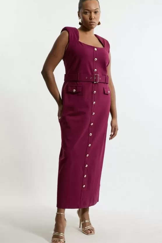 Best Karen Millen Plus Size Ponte Belted Cap Sleeve Midi Dress plum
