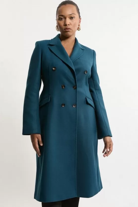 Clearance Karen Millen Plus Size Premium Italian Manteco Wool Fitted Tailored Midi Coat teal