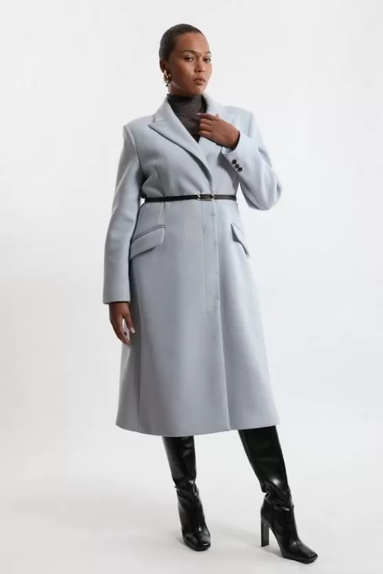 Clearance Karen Millen Plus Size Premium Italian Manteco Wool Single Breasted Belted Tailored Maxi Coat paleblue