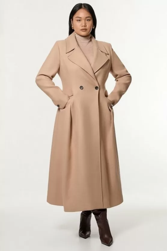 Store Karen Millen Plus Size Premium Italian Wool Blend Flared Skirt Midaxi Coat camel