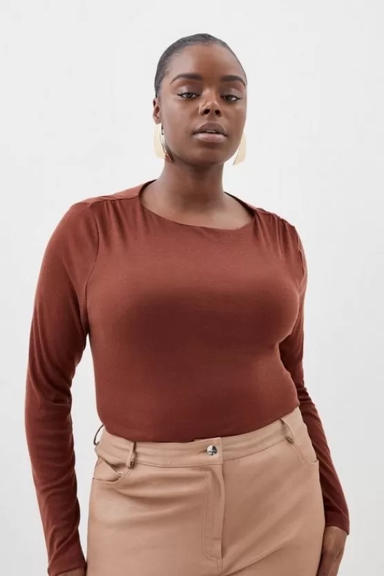 Cheap Karen Millen Plus Size Premium Jersey Wool Blend Long Sleeve Top toffee