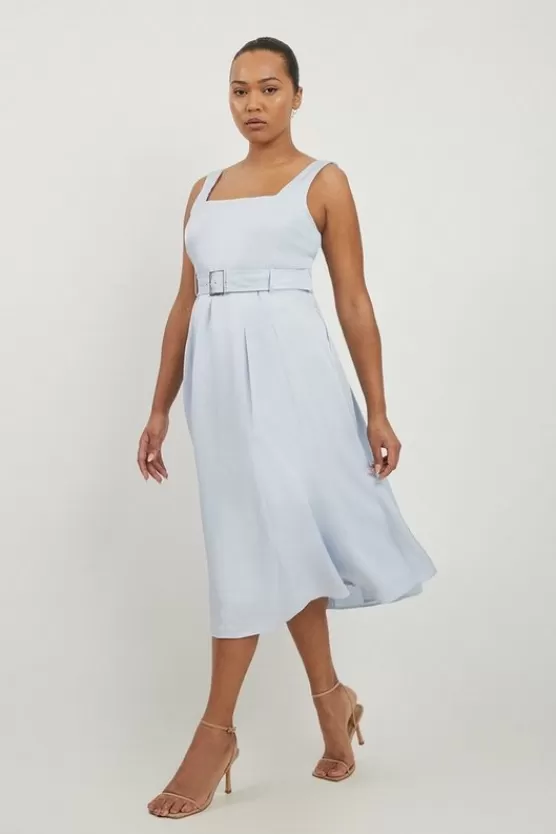 Online Karen Millen Plus Size Premium Tailored Linen Belted Full Skirt Midi Dress paleblue
