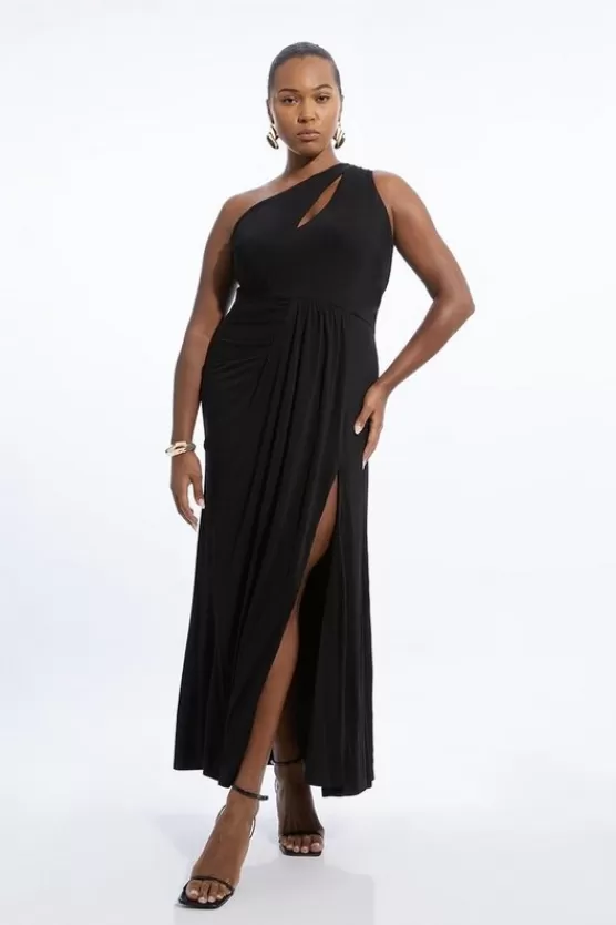 Best Karen Millen Plus Size Premium Viscose Jersey Bandeau Split Maxi Dress black