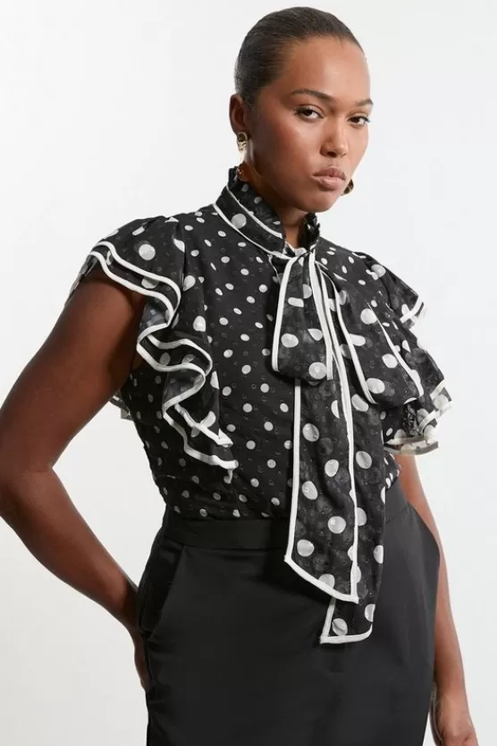 Online Karen Millen Plus Size Printed Dobby Neck Tie Ruffle Blouse mono