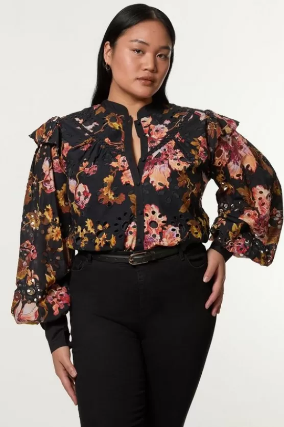 Discount Karen Millen Plus Size Printed Eyelet Woven Blouse With Guipure Trim floral