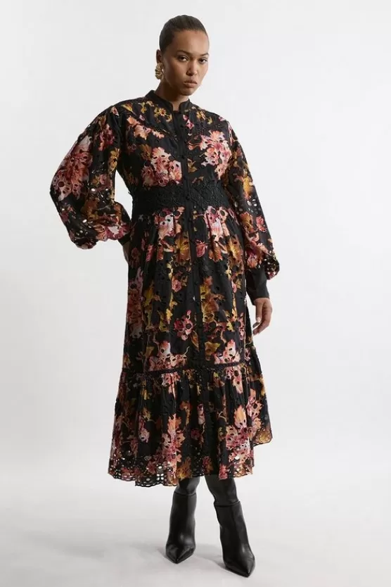 Cheap Karen Millen Plus Size Printed Eyelet Woven Midi Dress With Guipure Trim floral