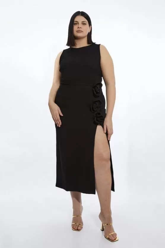 Outlet Karen Millen Plus Size Rosette Ponte Jersey Slit Midi Dress black