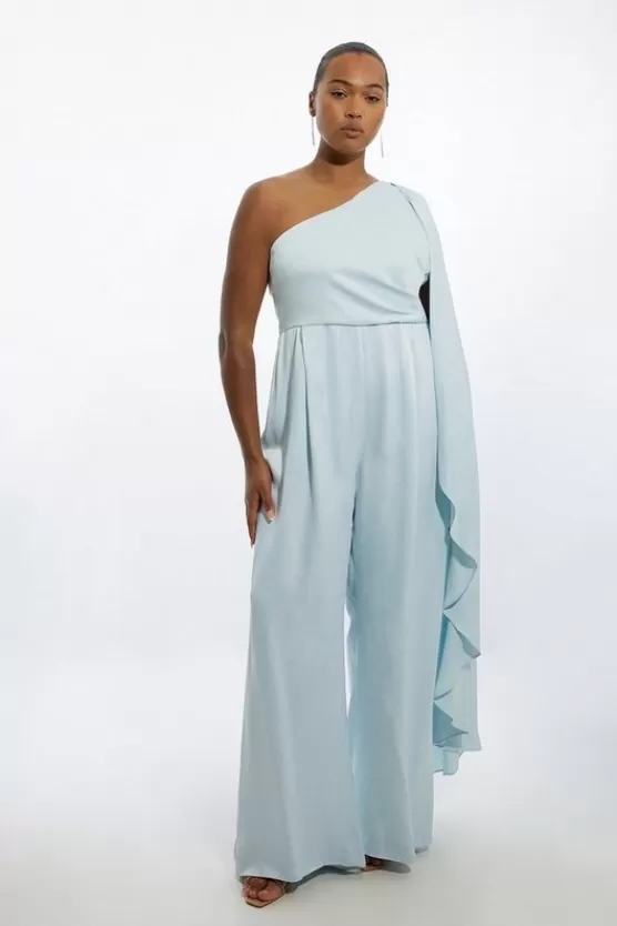 New Karen Millen Plus Size Satin Back Crepe Drape One Shoulder Wide Leg Jumpsuit blue