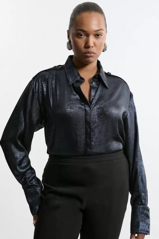 Best Karen Millen Plus Size Satin Woven Collared Shirt navy