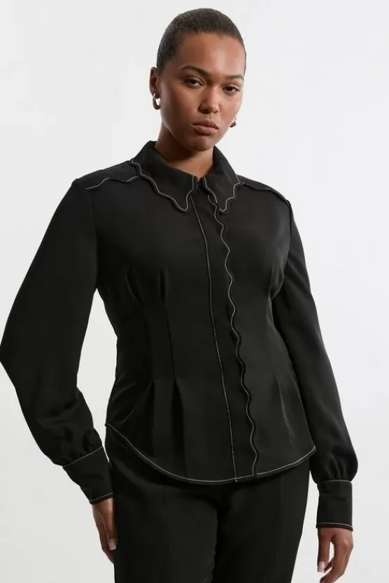 Outlet Karen Millen Plus Size Scallop Trim Woven Crepe Blouse black