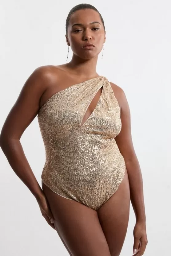 Fashion Karen Millen Plus Size Sequin Cut Out Swimsuit gold