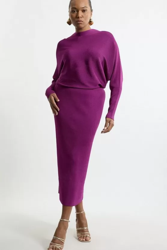 Shop Karen Millen Plus Size Slinky Drape Knit Bat Wing Pencil Midi Dress magenta