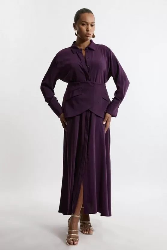 Outlet Karen Millen Plus Size Soft Tailored Belted Maxi Shirt Dress aubergine