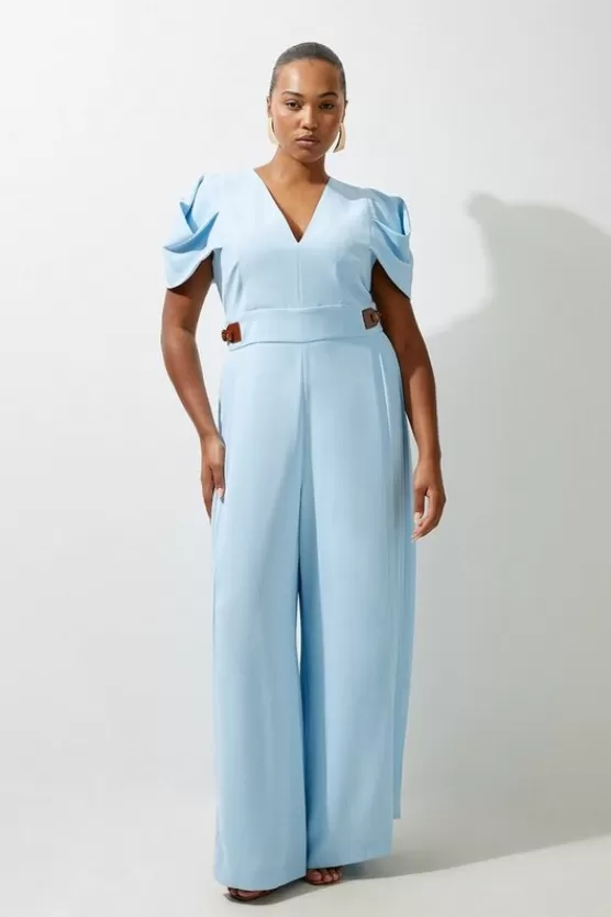 Shop Karen Millen Plus Size Soft Tailored Crepe Tab Detail Pleated Jumpsuit paleblue