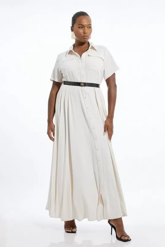 Flash Sale Karen Millen Plus Size Soft Tailored Pleat Panel Midi Shirt Dress ivory