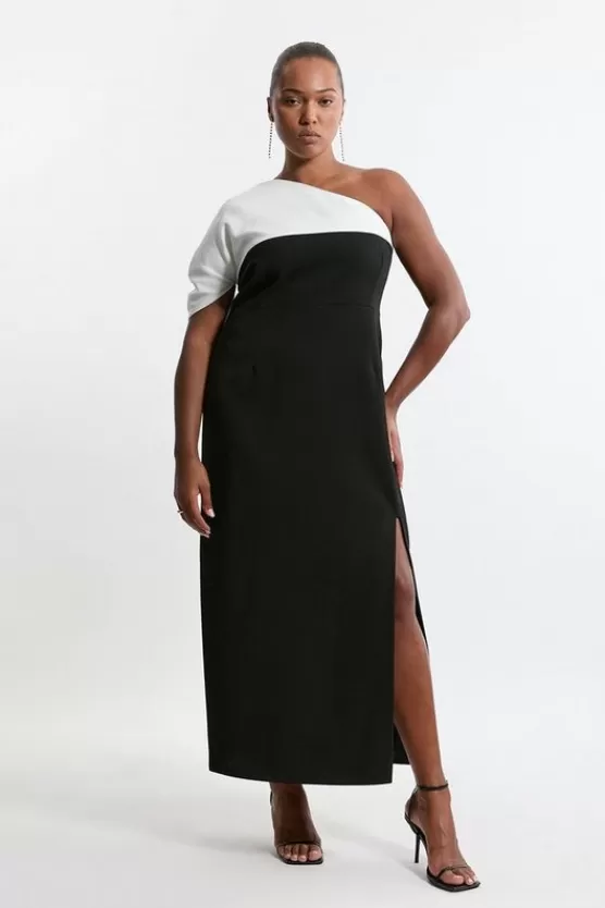 Sale Karen Millen Plus Size Structured Crepe Asymmetric Cape Detail Tailored Midi Dress mono