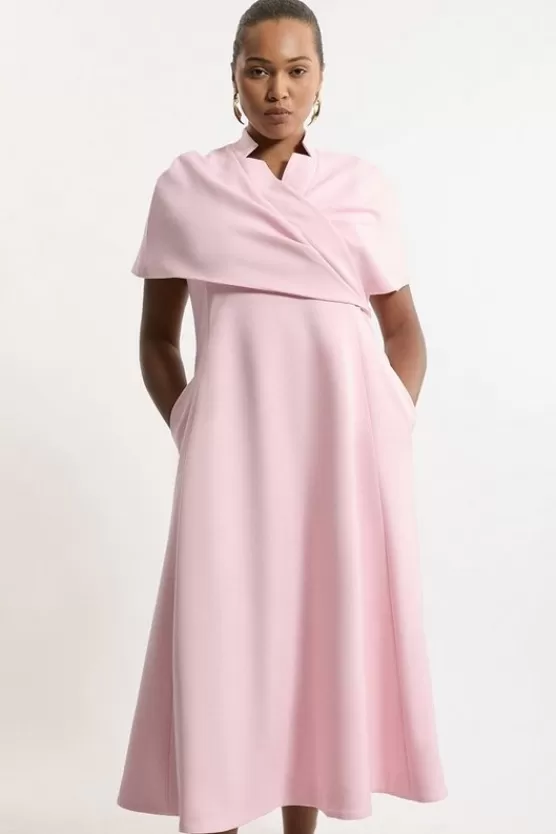 Cheap Karen Millen Plus Size Structured Crepe Cape Detail Full Skirted Tailored Midi Dress fuchsia