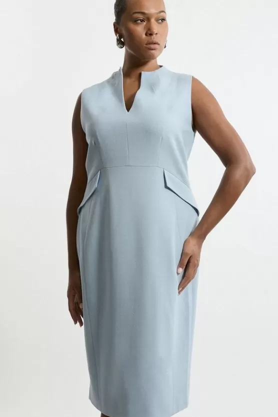 Store Karen Millen Plus Size Structured Crepe High Neck Tailored Midi Pencil Dress paleblue