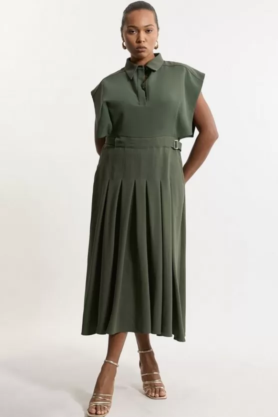 Sale Karen Millen Plus Size Structured Crepe Pleated Sleeveless Shirt Midi Dress khaki