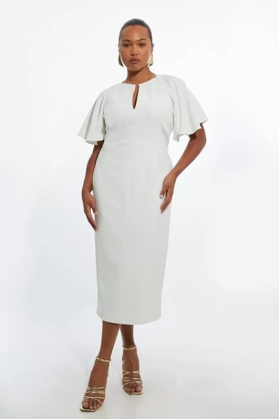Clearance Karen Millen Plus Size Structured Crepe Ruffle Sleeve Tailored Midi Pencil Dress ivory
