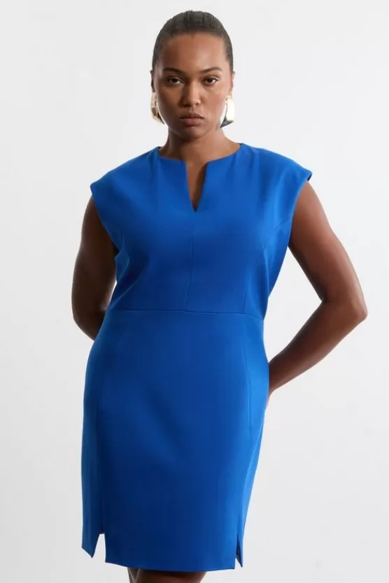 Clearance Karen Millen Plus Size Structured Crepe Tailored Full Skirted Belted Midi Dress cobalt