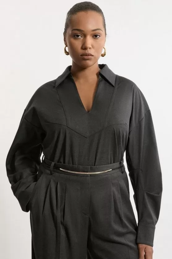 Sale Karen Millen Plus Size Tailored Collared Long Sleeve Shirt darkgrey