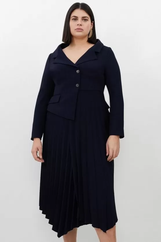 Cheap Karen Millen Plus Size Tailored Crepe Asymmetric Pleated Skirt Dress navy