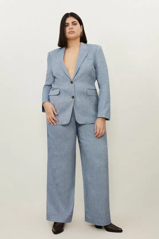 Discount Karen Millen Plus Size Tailored Denim Look Linen Wide Leg Pants blue