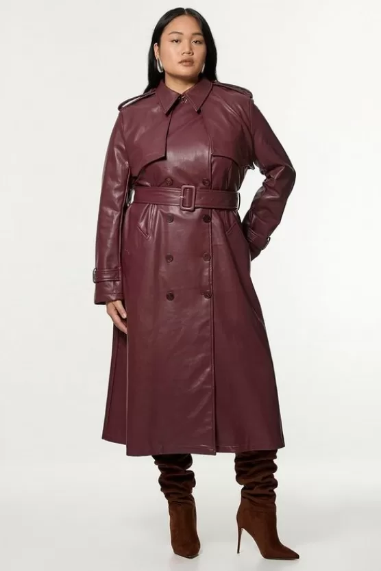 New Karen Millen Plus Size Tailored Faux Leather Belted Trench Coat oxblood