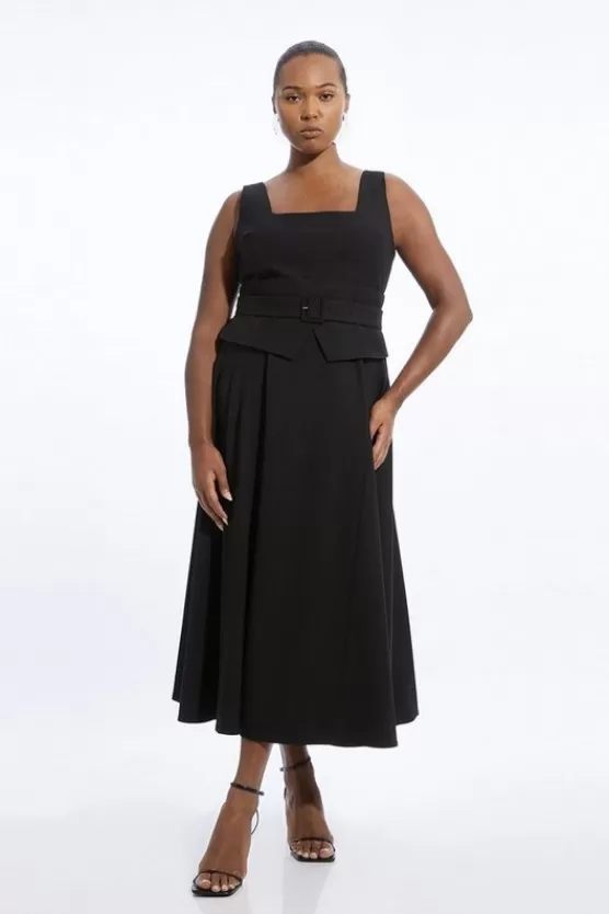 Cheap Karen Millen Plus Size Tailored Full Skirted Panel Belted Midi Dress black